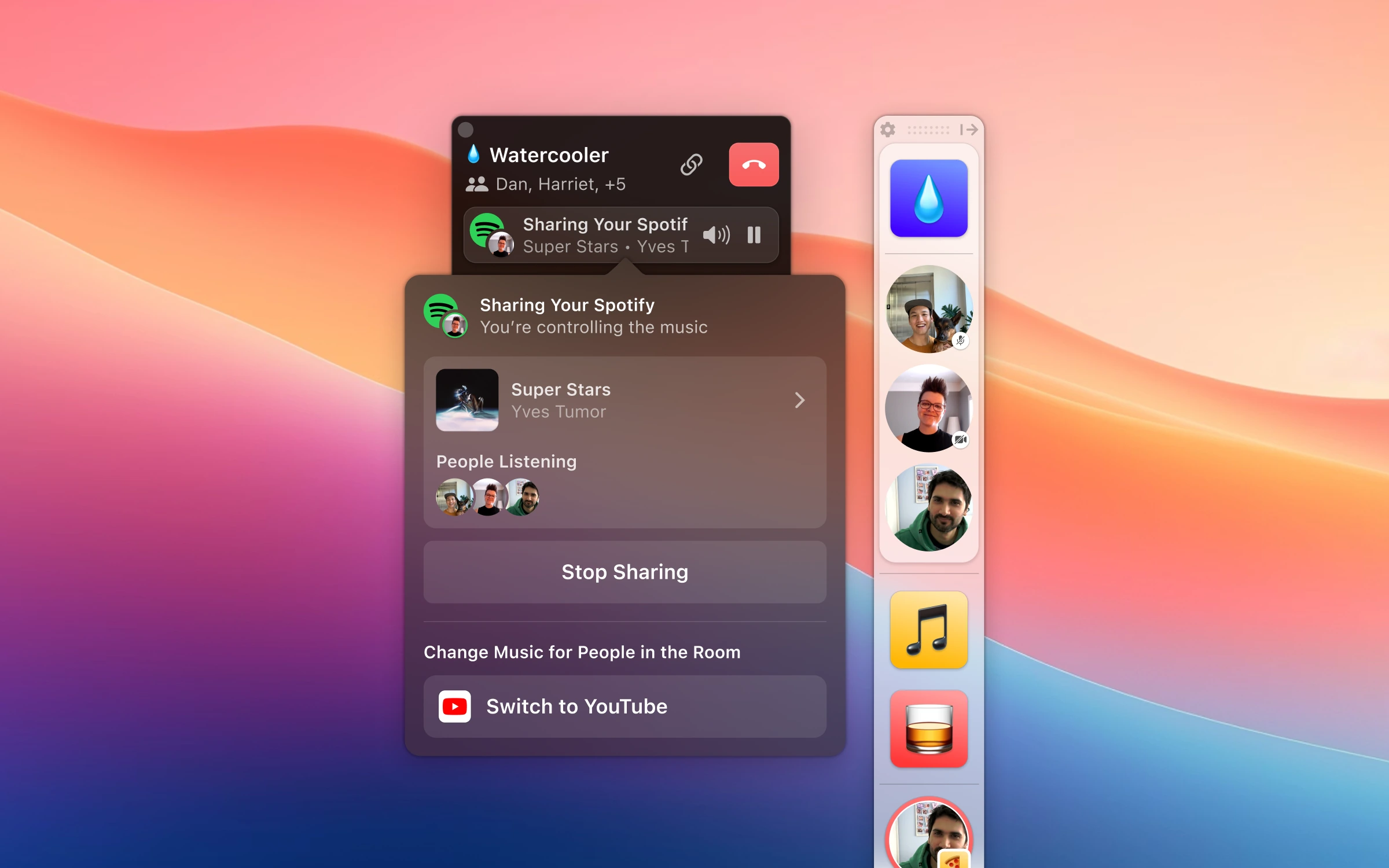 Remotion's macOS coworking window over a desktop, with a music-sharing panel and the team dock