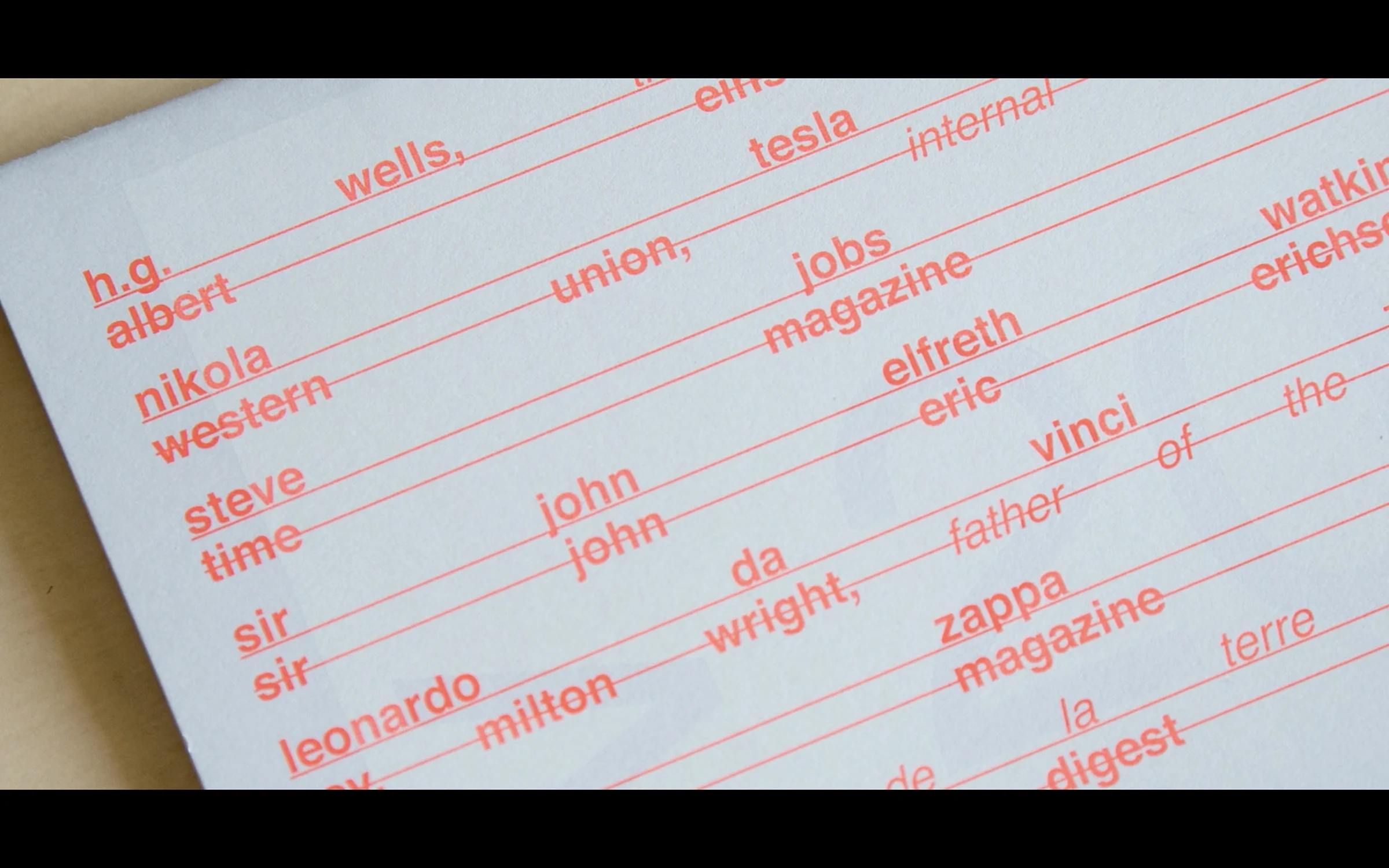 A printed page of names in red type, set at angles across the sheet