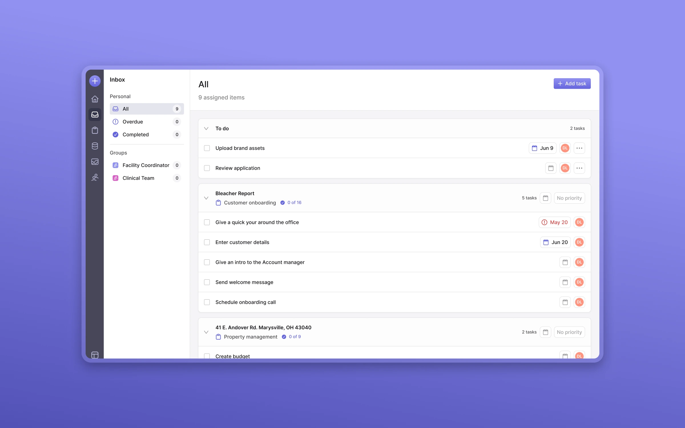 Macro's unified inbox listing assigned tasks across personal and team groups