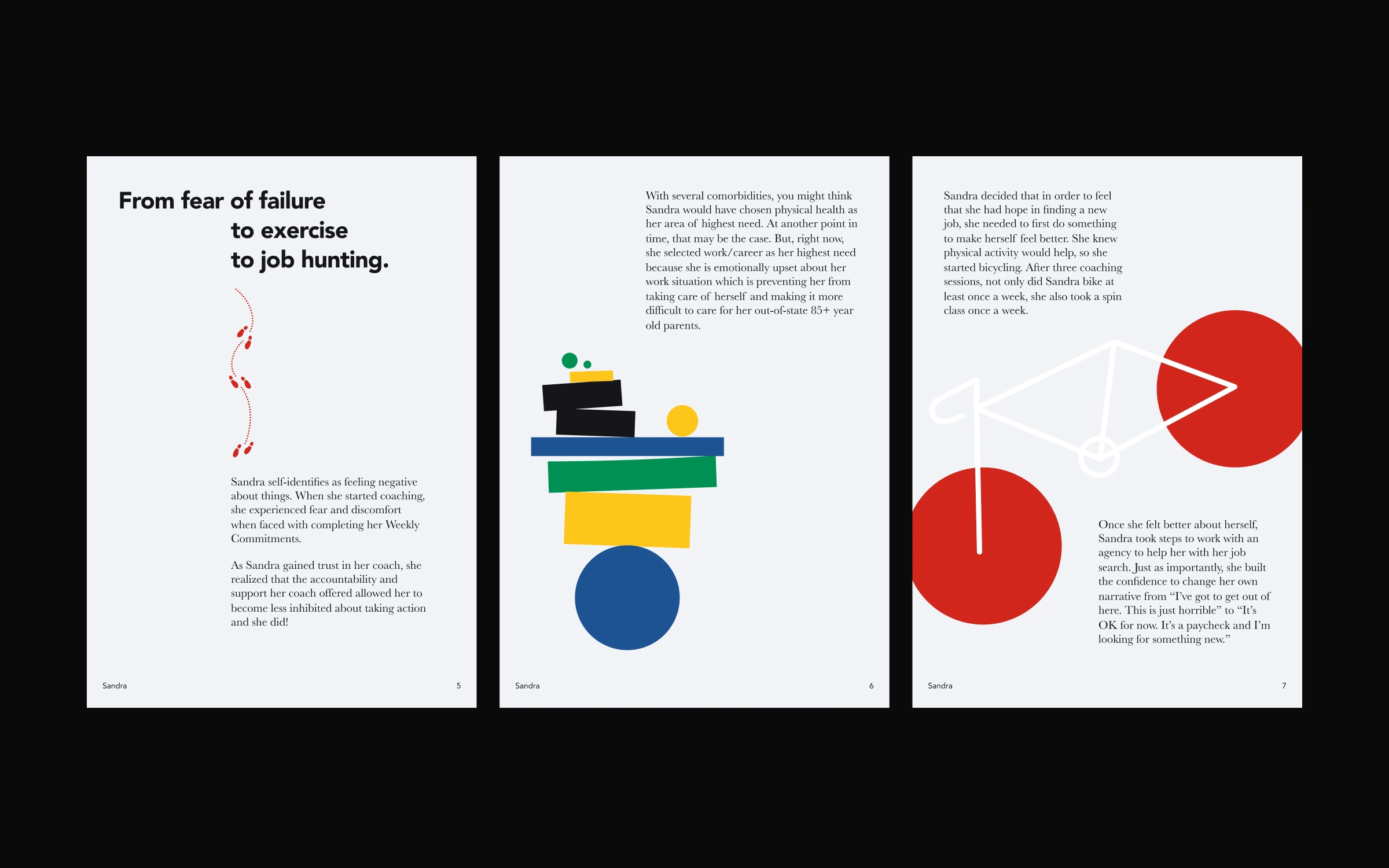 Editorial spreads on black, pairing essay text with red and primary-color graphic shapes