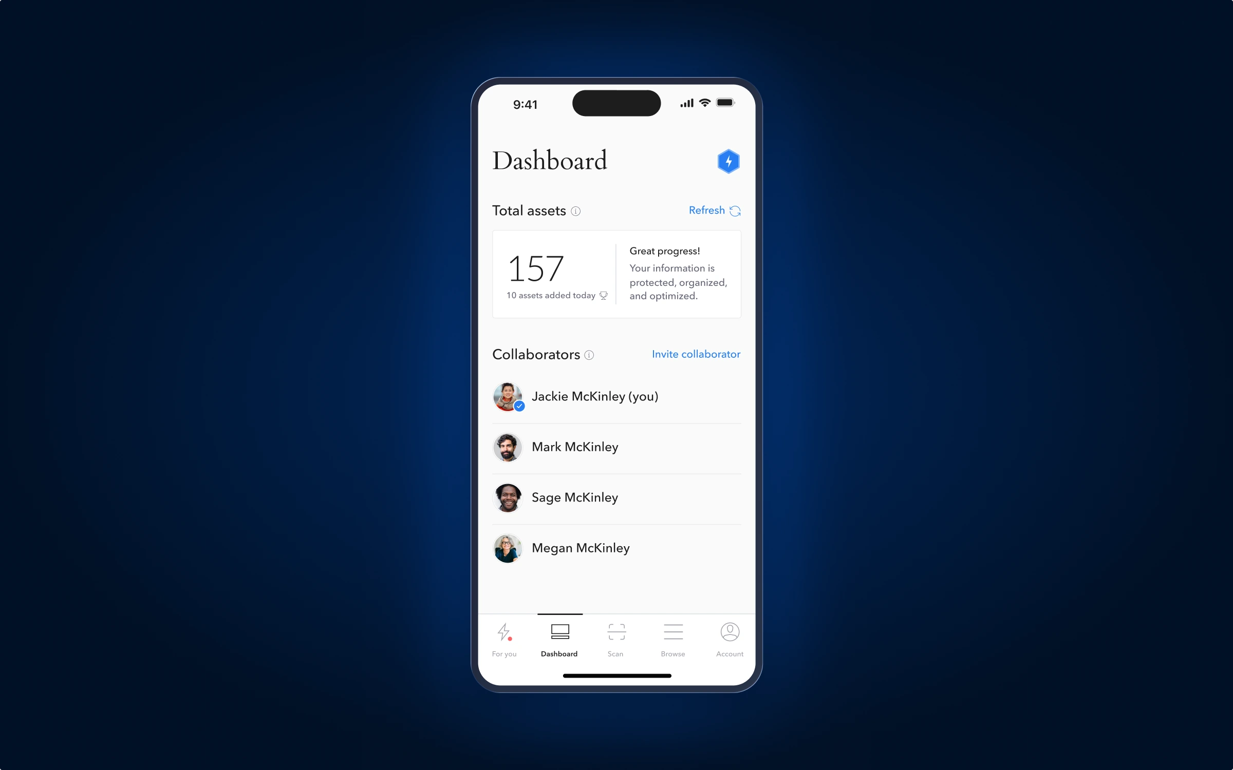 The Trustworthy mobile dashboard showing total assets and a list of collaborators